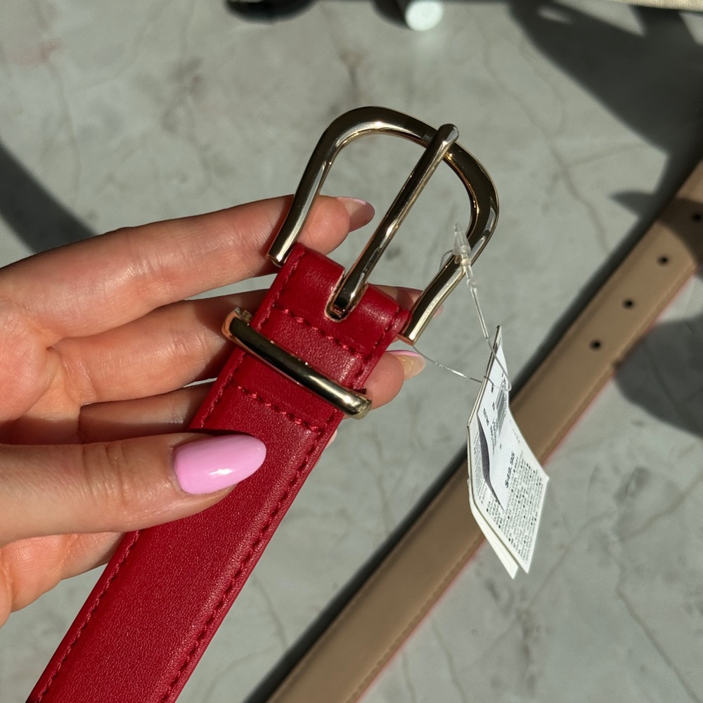 GAP Slim Vegan Leather Red Belt with Gold Buckle
